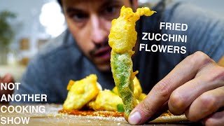 FRIED SQUASH BLOSSOMS stuffed with RICOTTA (fried zucchini flowers)