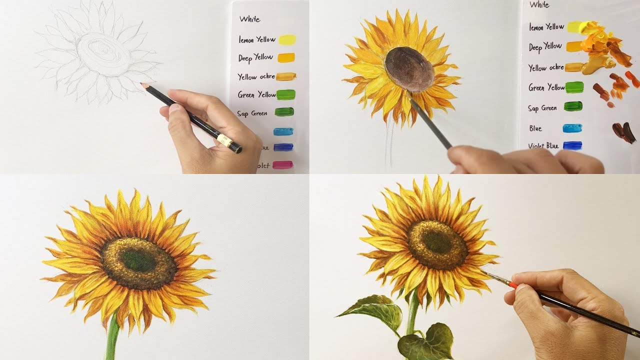 How To Paint A Sunflower In Acrylic - Step By Step Painting - PART 1 ...