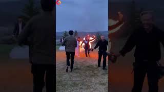 A bride and groom were set alight as they celebrated their wedding day.