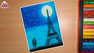 How to Draw Eiffel Tower Step by Step | Eiffel Tower Scenery Drawing With Oil Pastels - Step by Step