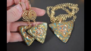 Polymer clay tutorial Fimo folded effect antique gold pendant and earrings Advent Calendar Day 12