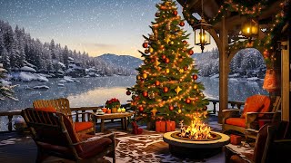 Cozy Christmas Porch Ambience 🎄 Warm Christmas Jazz Music and Crackling Fireplace on a Snowy Day