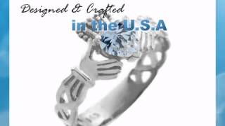 Silver Claddagh Trinity Band with Aquamarine Blue CZ Heart - Factorydirectjewelry.com