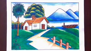 Oil pastel nature scenery drawing // Scenery drawing for beginners  // Village scenery drawing