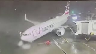 Strong winds shift plane at DFW Airport