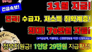 (긴급) 11월 지급! 전국! 수급자, 저소득 취약계층! 1인당 29만원 정부지원금 지급 확정! 4인가구 70만원 지급! 전국 저소득 취약계층  #정부지원금지급 #11월지급