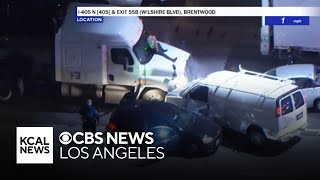 Wild early morning pursuit ends in wrong-way crash on 405 Freeway, injured LAPD officers