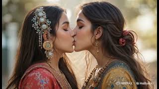 Two girls kissing each other in the wedding hall