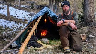 Building a Survival Shelter in the Mountains with an Inside Fireplace – Bushcraft Trip with My Dog\