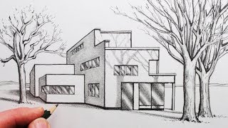 How to Draw a House in 1-Point Perspective with Trees and Shadows