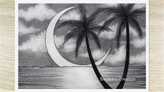 How to Draw Scenery of Moonlight Night by pencil sketch, Pencil Drawing Easy