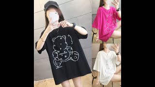 【實拍】(中大尺碼)M~2XL春夏款胖胖熊貼鑽中長版短袖上衣/T-shirt(3色選)-日秀衣韓館