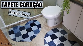 Tapete em  formato de coração dupla face feito com retalhos e pernas de calça