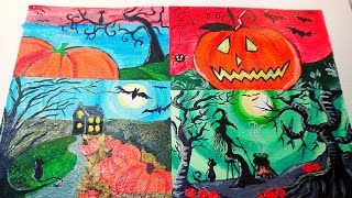 Easy 4 Halloween acrylic painting ideas | spooky cat,spooky pumpkin, haunted house, witch in forest
