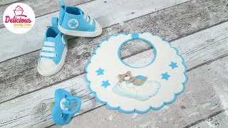 Bib, Dummy and Converse Shoes out of fondant for a Christening Cake l Delicious Sparkly Cakes