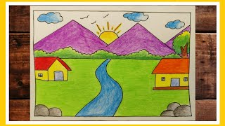 Scenery Drawing / How to Draw Beautiful Landscape Scenery Drawing / Village Scenery Drawing /Chitra