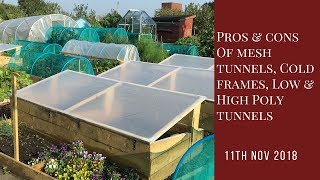 Comparing the pros and cons of: cold-frames; low and high polytunnels; greenhouses and mesh tunnels