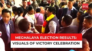 Meghalaya Election Results 2023: NPP party workers celebrate outside CM Conrad Sangma’s office