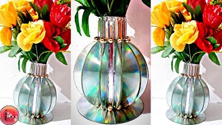 Beautiful Flower Vase Out Of Waste CD | Old CD Craft Ideas | Best Out Of Waste | Reused Old CD Craft