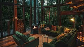 Gentle Rain Sounds and Crackling Fireplace for Relax, Study, Sleep | Cozy Living Room In Forest Rain