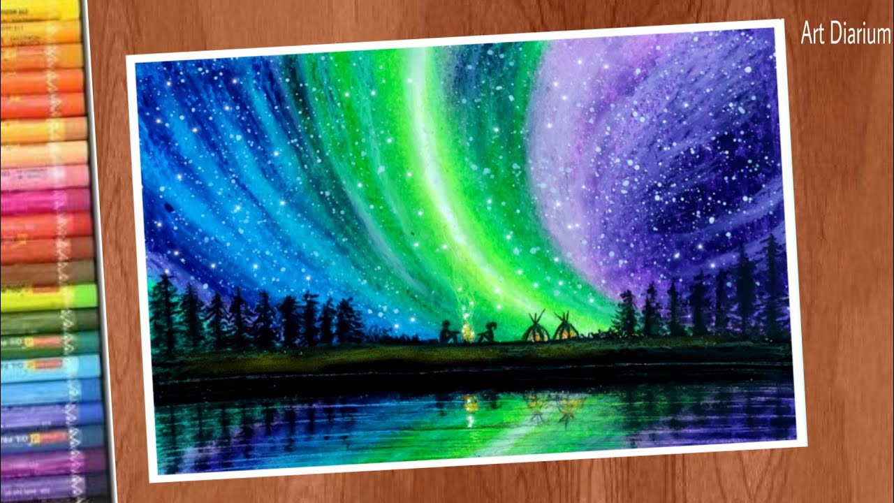 Art With Oil Pastels Northern Lights Drawing For Beginners Step By