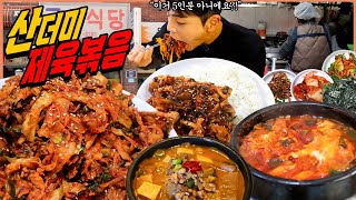 이거 5인분 아니예요?! 산더미 제육볶음 노포 군산식당 청국장 오징어덮밥 순두부찌개 제육덮밥 총각김치 어묵 멸치볶음 겉절이 한식 먹방 korean mukbang eatingshow