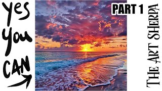 Stunning ocean Sunset clouds beach 🌟🎨 How to paint acrylics for beginners: Part 1