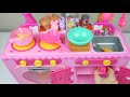 funny baby pretend cooking with cute kitchen