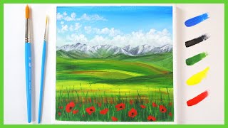 Poppy Fields in Summer🌞Easy Acrylic Painting for Beginners/Easy Landscape Painting Tutorial