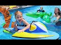 FAMiLY POOL PARTY!!  Adley & Niko Water Slide on inflatable Animals! Swimming in new AforAdley merch