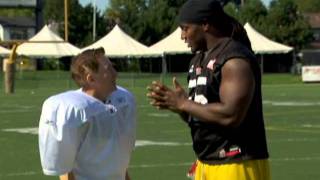 Sandy Hawley gets in on a practice with the CFL football team the Hamilton Tiger-Cats