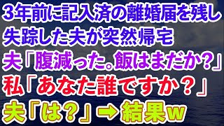 【スカッとする話】3年前に記入済みの離婚届を残し失踪した夫が突然帰宅「あー腹減った。飯はまだ？」私「あなた誰ですか？」→夫「は？」結果