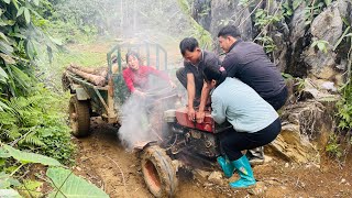 Agricultural vehicle transporting timber; girl logging in the countryside.