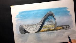 Boceto arquitectonico Heydar Aliyev Center (Zaha Hadid) con marcadores /architectural sketching