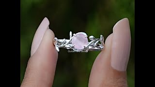 Rose Quartz Round Gemstone Leaf Style Ring