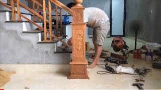 Mẫu cầu thang song luồn // Cách thợ mộc lắp trụ cầu thang // How carpenters install wooden stairs