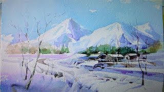 Snowy Winter Landscape  with  watercolor .겨울풍경 수채화 .水彩画, 수아트,