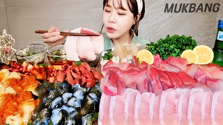 SUB) 꼬소한 제철 방어 \u0026 해산물 삼종세트 해삼 개불 멍게 먹방 ! 쏘주 필수 조합 💚 SEAFOOD Sashimi REAL SOUND ASMR MUKBANG