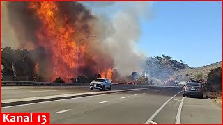 Live aerials of the wildfires in Mandeville Canyon, Pacific Palisades neighborhood in California