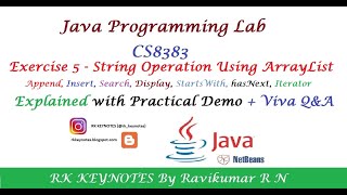 #07 (Java Lab Ex 5) String operation using Array List & Perform Append, Insert, Search, Display | RK