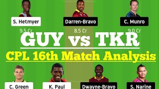 GUY vs TKR CPL 16th Match Dream11, GUY vs TKR Dream 11 Today Match, GUY vs TKR Dream11 Team Analysis