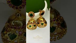 Small Lakshmi designed Palakka Jhumka/Earring MG- 1182  #lakshmipalakkaearrings #rubygreennecklace