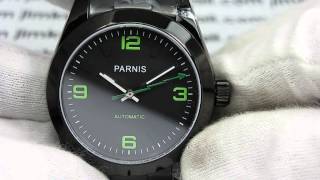 PARNIS PVD ALL BLACK GREEN MARK EXPLORER I 39MM CASE SAPPHIRE CRYSTAL