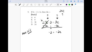 TSI MATH TEST - If 5c - 2 = 3c, then 24c = if 5c minus 2 equals 3c then 24c equals what?
