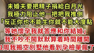 未婚夫要把精子捐給白月光，我極力阻止他一把把我推倒「反正你也不能生你就不能大度點，等她懷孕我就答應和你結婚」我不吵不鬧默默算着時間離開，1周我搬空別墅他看到孕檢單瘋了文