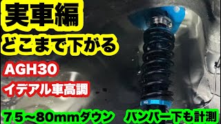 実車編‼️ どこまで下がる❓ 75〜80mmダウン アルファード イデアル 車高調 バンパー下も検証‼️