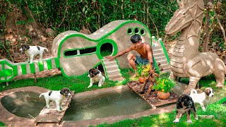 Build Guitar Mud House For Rescued Dogs  With Dragon Aquariums | Primitive Evolution