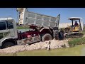 new project 5t dump truck filling land flooded area conneted road skill bulldozer pushing perfectly