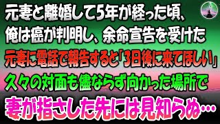 【感動する話】元妻と離婚して5年経った頃、俺は癌が判明し余命宣告を受けた→元妻に電話で報告すると「3日後に来てほしい」久々の対面も儘ならず向かった場所で、妻が指さした先には見知らぬ… 1