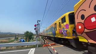 アンパンマン列車　大集合（虹をイメージしたアンパンマン列車・アンパンマントロッコ列車・赤・黄色いアンパンマン列車)   電車［踏切］カンカン動画〈16〉